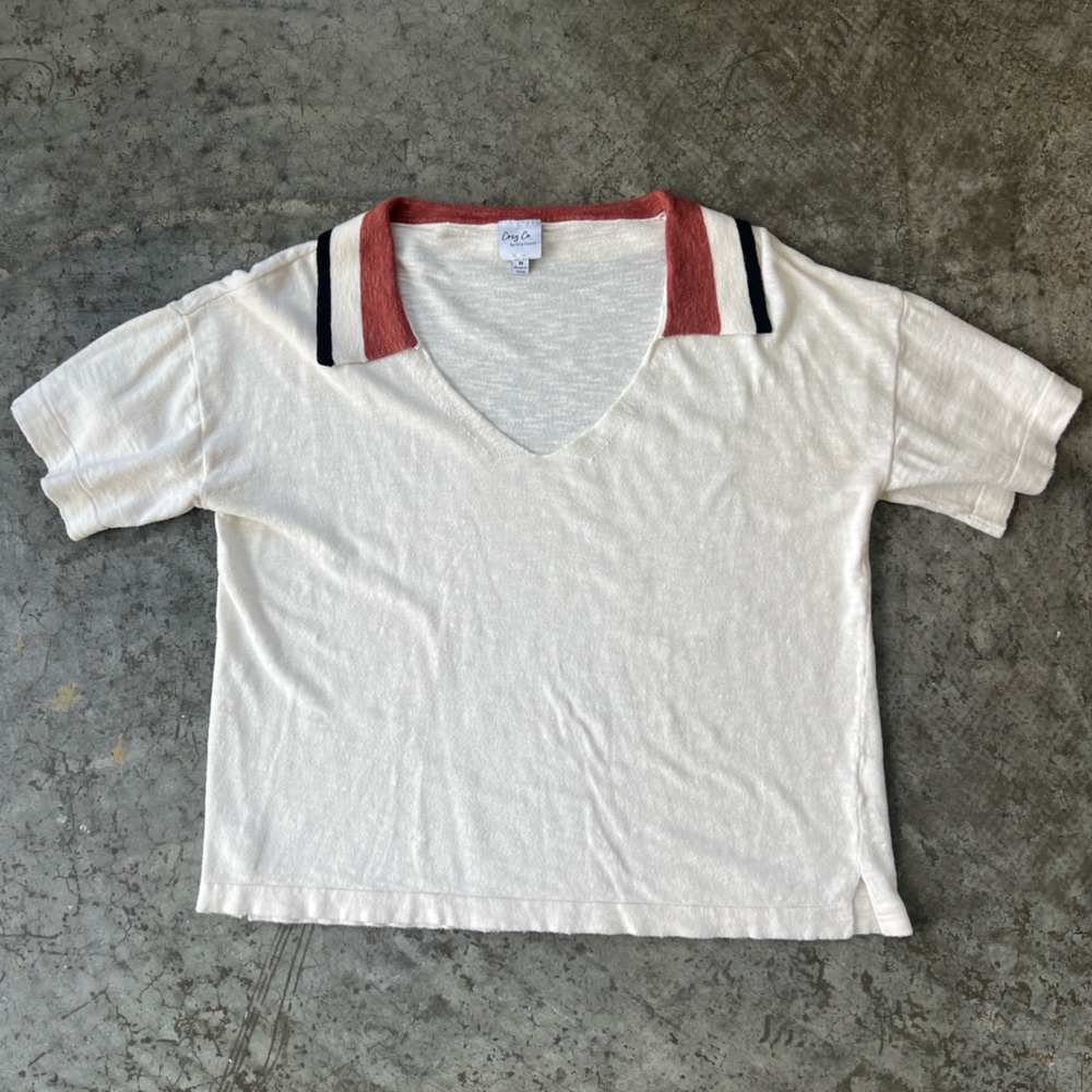 Cozy Co. by Cozy Casual V-Neck Knit Polo Top Ivory White Short Sleeve Women's M
